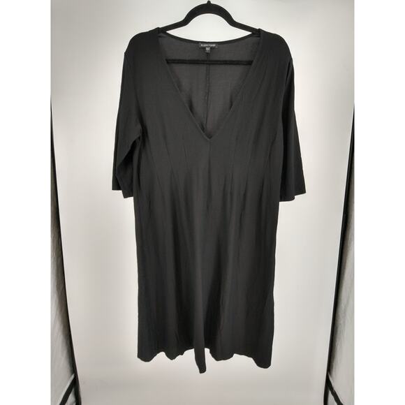 Eileen Fisher A-Line Dress L Deep V-Neck 3/4 Sleeve Crepe Stretch Casual Black - Picture 1 of 8